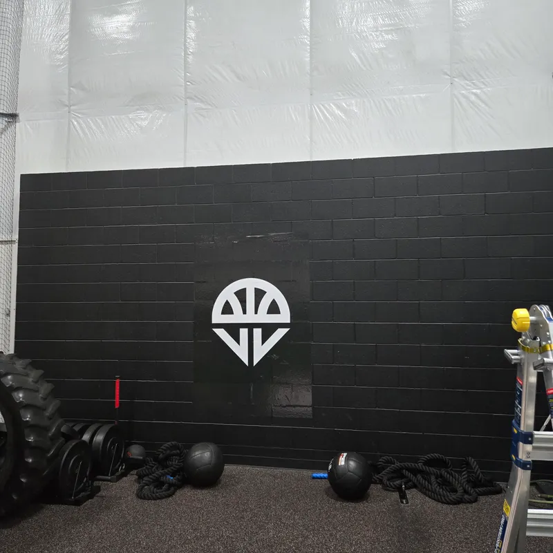 Foundation Sports Gym (Winnebago, IL) — moody gym interior with a matte-black brick accent wall featuring the gym's minimal white geometric logo, framed by hanging battle ropes, weight-training equipment, and medicine balls.