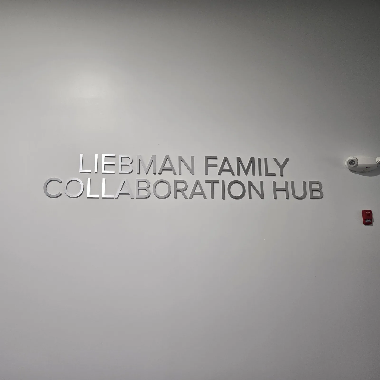 McHenry County College Liebman Family Collaboration Hub — brushed-metal dimensional letters reading 'LIEBMAN FAMILY COLLABORATION HUB' mounted on a clean light-gray interior wall.