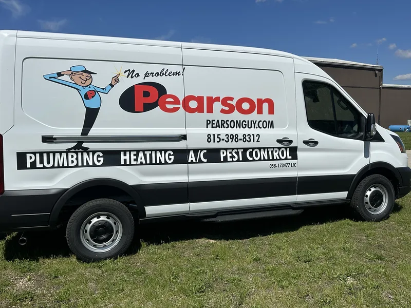 Pearson "No problem!" service van — mascot graphic, red Pearson logo, phone number, and "PLUMBING · HEATING · A/C · PEST CONTROL" band on a white Ford Transit.