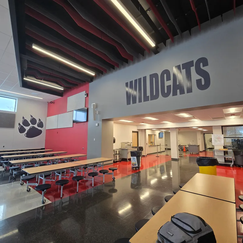 Glenview Springman Middle School (SD34) cafeteria — oversized dimensional 'WILDCATS' lettering on a gray accent wall paired with a black wildcat paw-print mascot graphic on the adjacent red accent wall, fronted by modern bench-seat lunch tables.