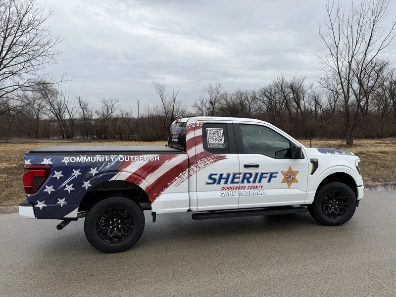 AFTER: the same F-150 in a white Sheriff wrap with an American-flag bed and fender, gold star, and "COMMUNITY OUTREACH" lettering.